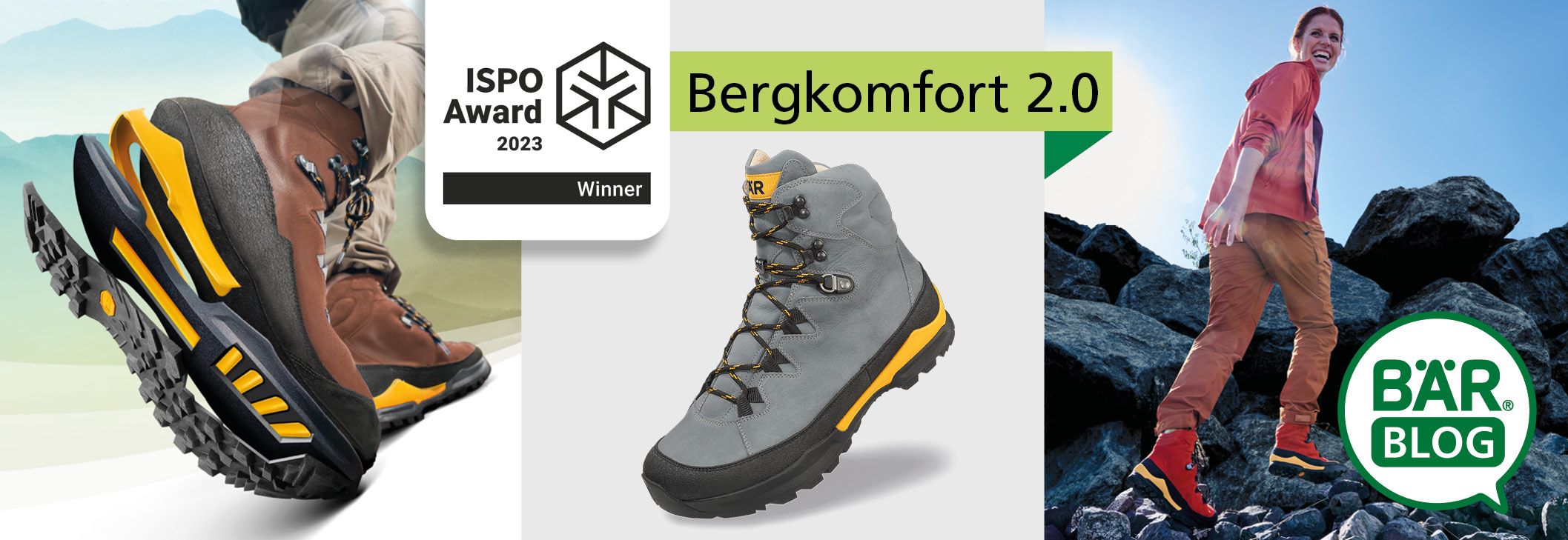BÄR Bergkomfort 2.0 Wanderschuhe – ISPO Award Gewinner 2023 BÄR Bergkomfort 2.0 Wanderschuhe. Graue und braune Schuhe mit gelben Details, Gewinner des ISPO Awards 2023. Wanderer auf felsigem Gelände.