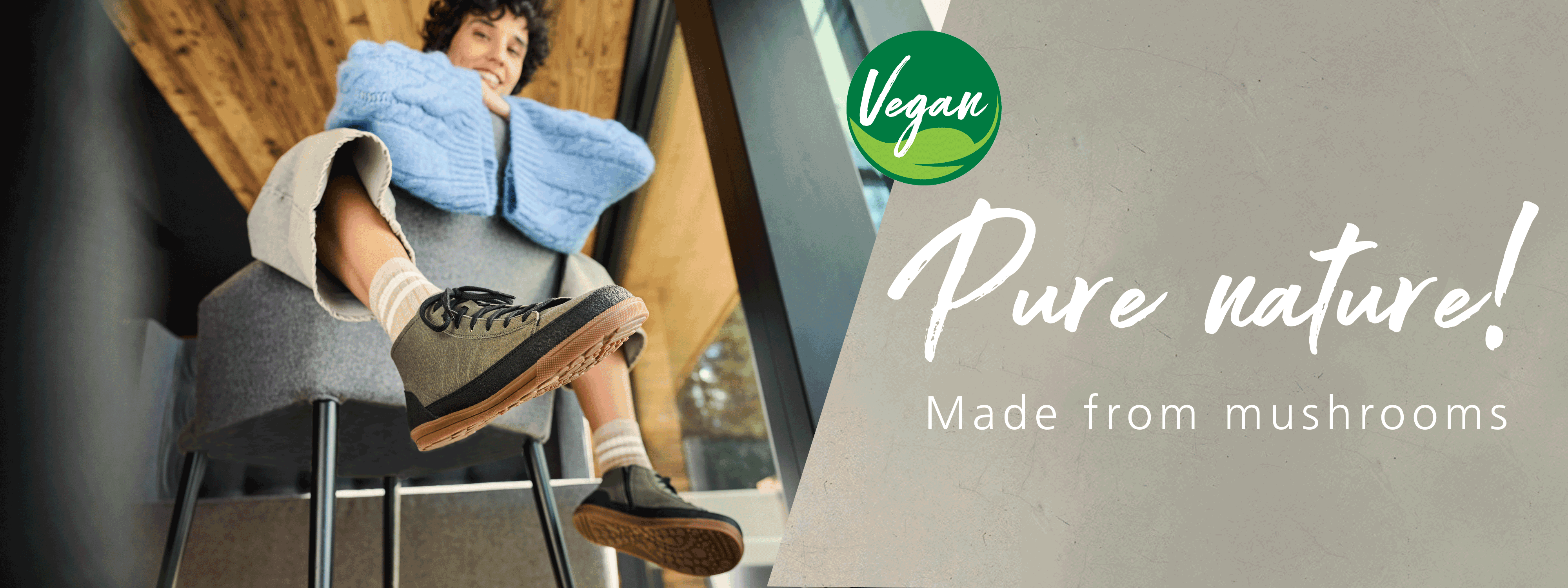 Vegan Shoes - Pure Nature Made from Mushrooms Person wearing eco-friendly vegan shoes made from mushroom material, showcasing sustainable fashion.