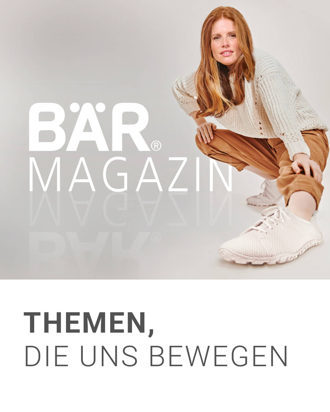 BÄR Magazin - Themen, die uns bewegen Eine Frau in bequemer Kleidung, die das BÄR Magazin repräsentiert und das Thema 'Themen, die uns bewegen' visualisiert.