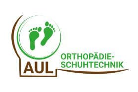 Logo von AUL Orthopädie-Schuhtechnik mit grünen Fußabdrücken Logo von AUL Orthopädie-Schuhtechnik, zeigt grüne Fußabdrücke und den Schriftzug AUL