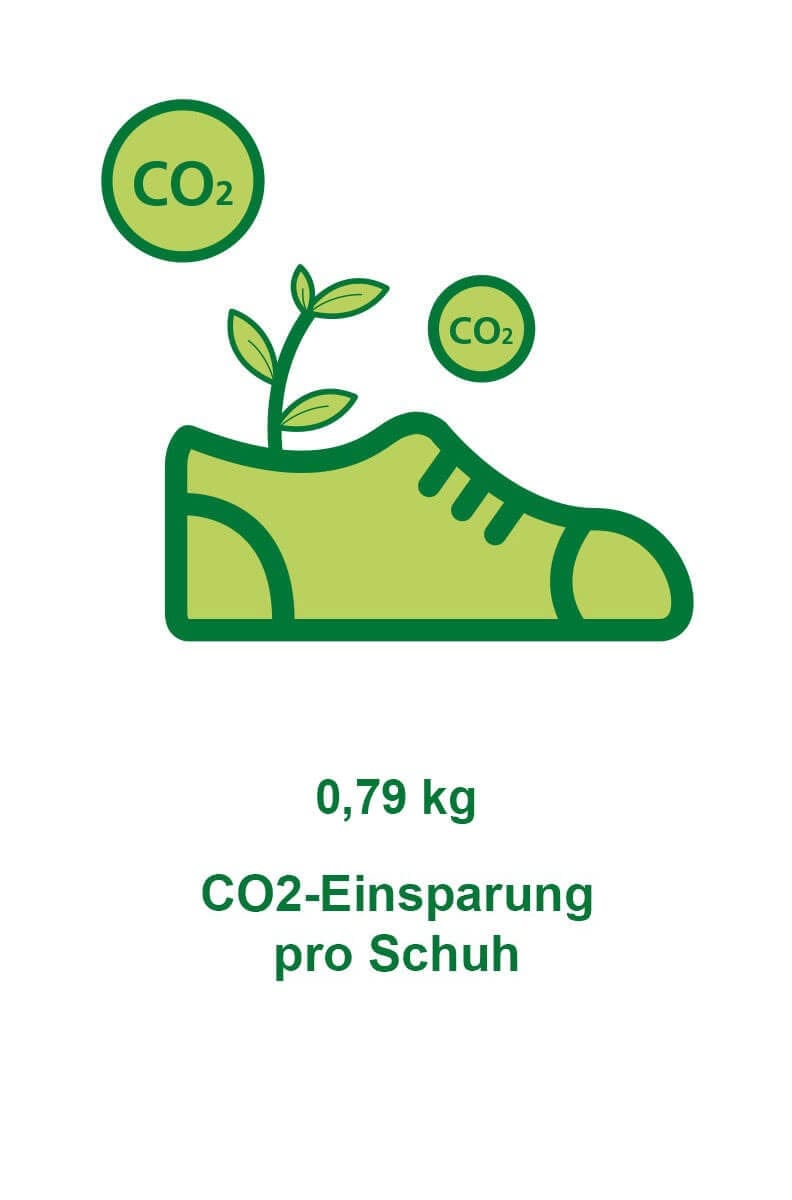 CO2-Einsparung von 0,79 kg pro Schuh Grafik eines Schuhs mit Pflanze, zeigt CO2-Einsparung von 0,79 kg
