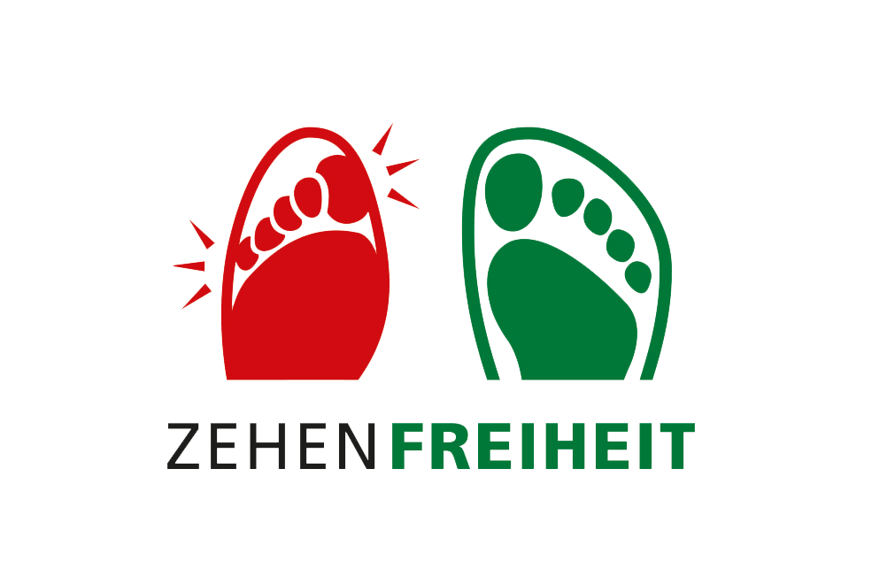 Zehenfreiheit Logo mit roten und grünen Fußabdrücken Illustration eines Logos mit roten und grünen Fußabdrücken und dem Text 'Zehenfreiheit'