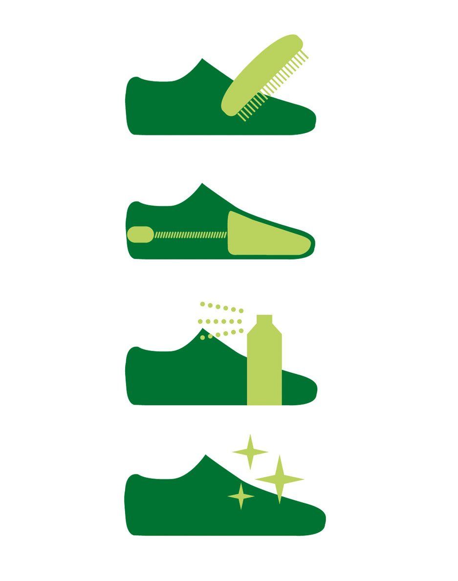 Shoe Cleaning Process Illustration Illustration depicting a step-by-step shoe cleaning process with four stages including brushing, applying cleaner, spraying, and showing a polished shoe.
