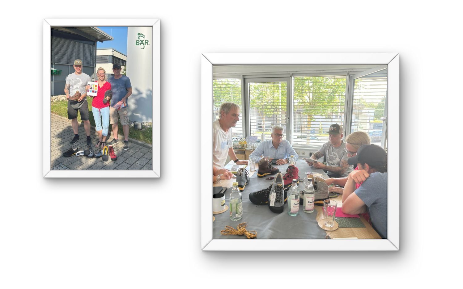 Teammeeting mit Vorstellung neuer Schuhmodelle Zwei Bilder: Links drei Personen im Freien mit Schuhen in der Hand, rechts eine Gruppe am Tisch bei einer Besprechung mit Schuhen.