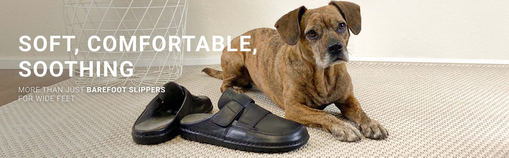 Comfortable and soothing barefoot slippers for wide feet Dog lying on carpet next to a pair of black barefoot slippers