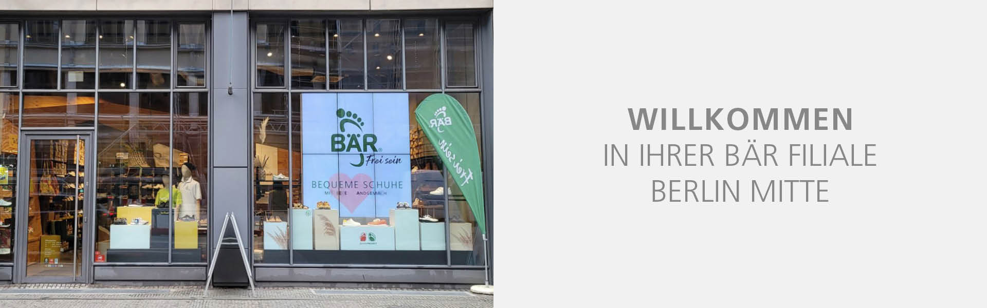 BÄR Shoes Storefront in Berlin Mitte Exterior view of the BÄR shoes store in Berlin Mitte, displaying comfortable footwear.