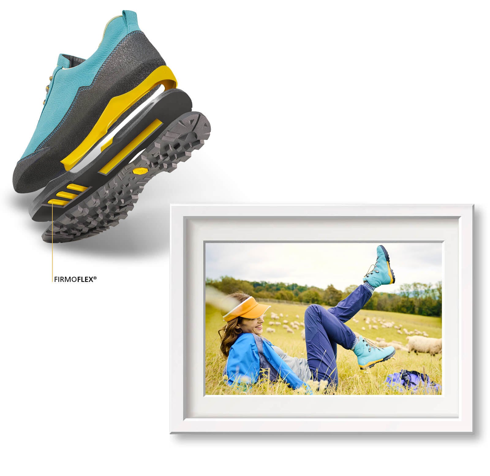 Pair of turquoise hiking shoes with yellow and black sole, one upside down on the other. Photo of a woman in matching hiking gear relaxing in a field with sheep in the background.