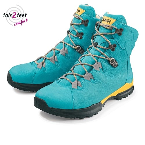 Türkisfarbene Wanderstiefel für Damen mit gelbem Akzent und fair2feet comfort-Logo