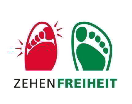 Zehenfreiheit Logo - Komfort und Freiheit für Ihre Füße Zehenfreiheit Logo mit einem roten Fußsymbol links und einem grünen Fußsymbol rechts, darunter der Text 'ZEHENFREIHEIT'