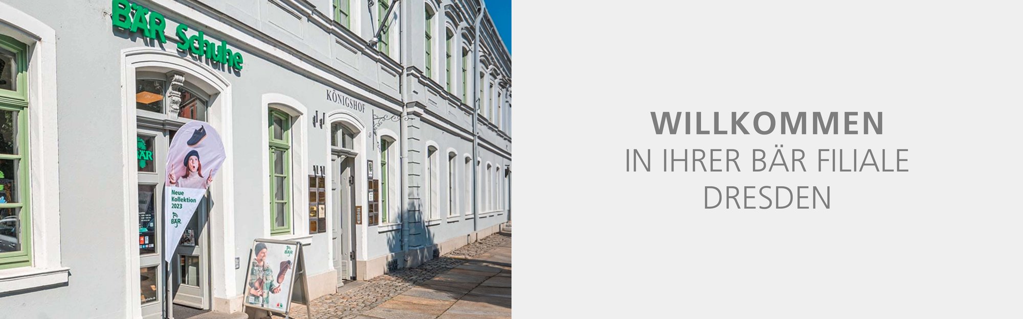 Außenansicht der BÄR Schuhe Filiale in Dresden mit Werbung für die neue Kollektion 2023