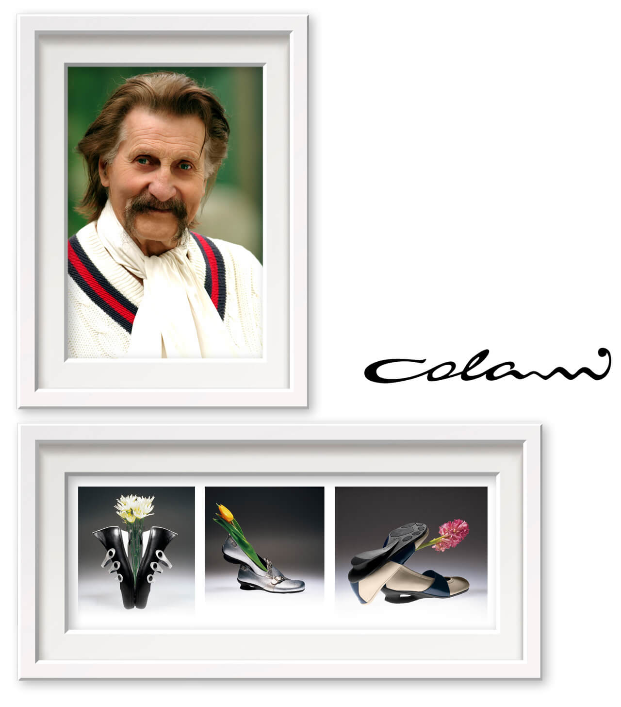 A framed portrait of an older person with a mustache and three stylish shoe-shaped vases holding flowers, with the Colani logo on the side