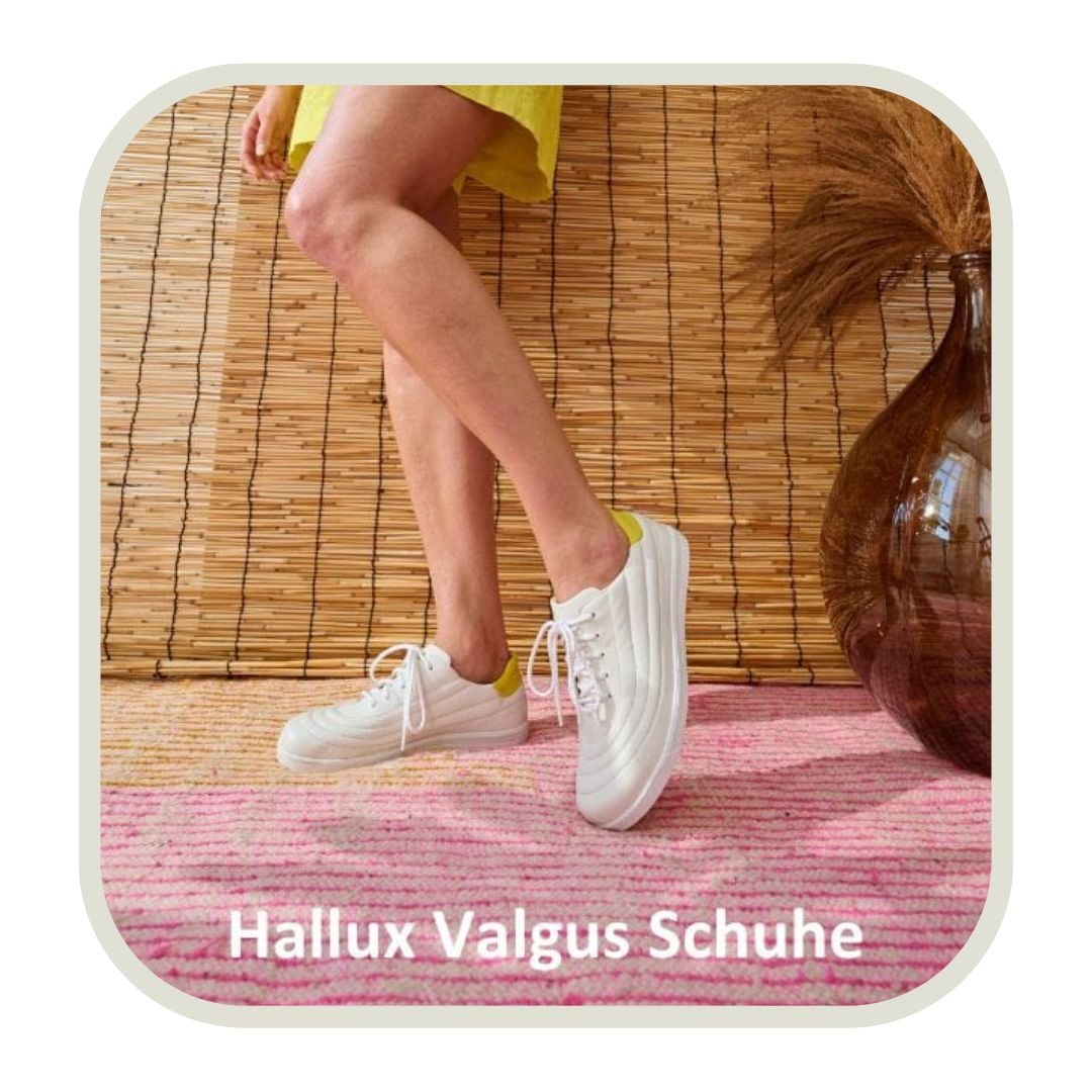 Frau mit Hallux Valgus Schuhen auf rosa Teppich vor Bambuswand