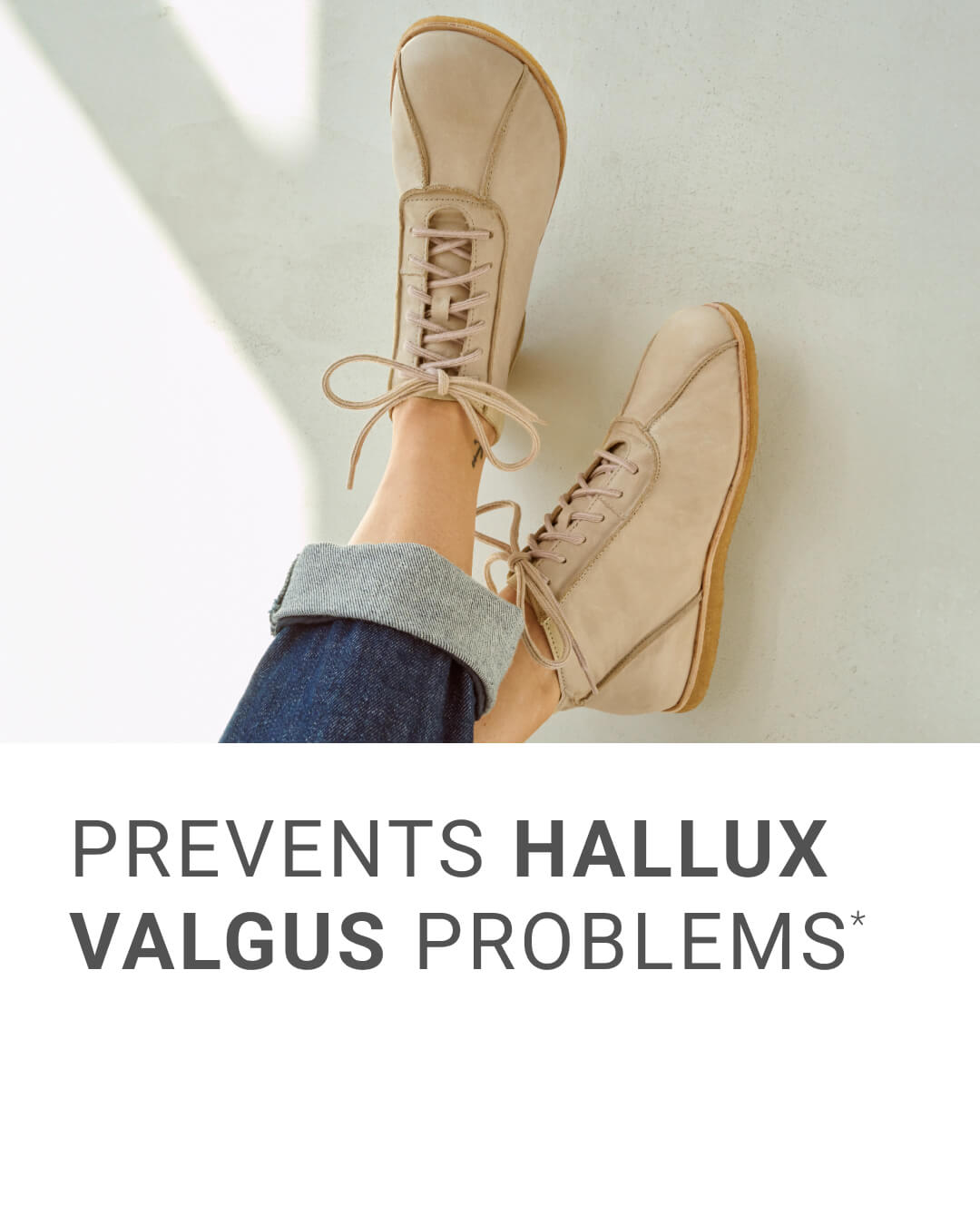 Comfortable Shoes That Prevent Hallux Valgus Problems Person wearing beige shoes that help prevent hallux valgus issues.