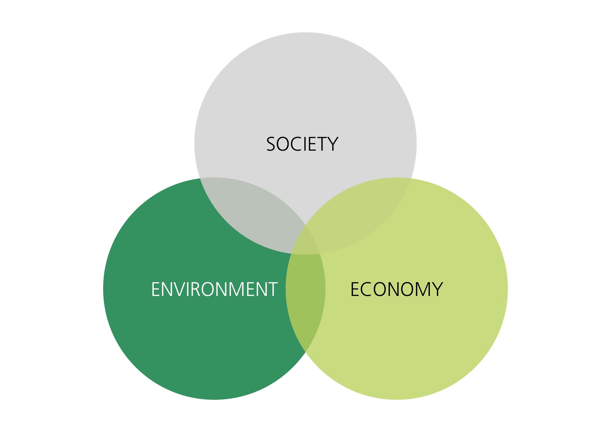 Venn diagram illustrating the three pillars of sustainability: Society, Environment, and Economy.