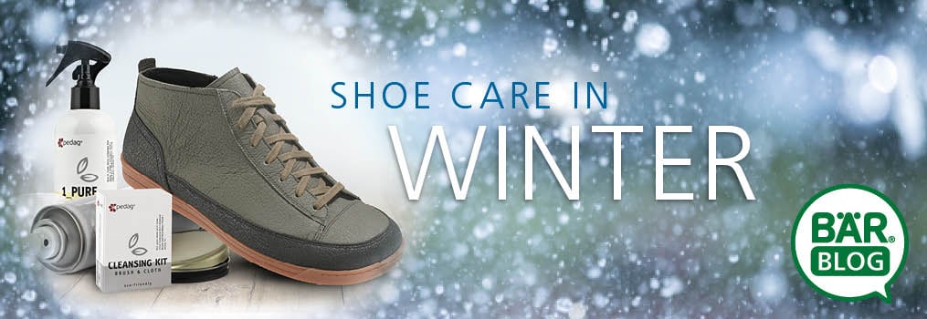 Winter Shoe Care Essentials on BÄR Blog A collection of winter shoe care products, including a cleaning kit and spray, next to a winter boot with a snowy background, featured on BÄR Blog.