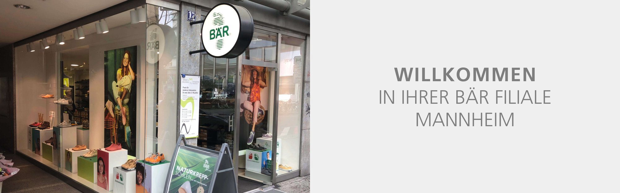 Storefront of BÄR Shoes in Mannheim Exterior view of the BÄR Shoes store in Mannheim featuring shoe displays and welcome signage.