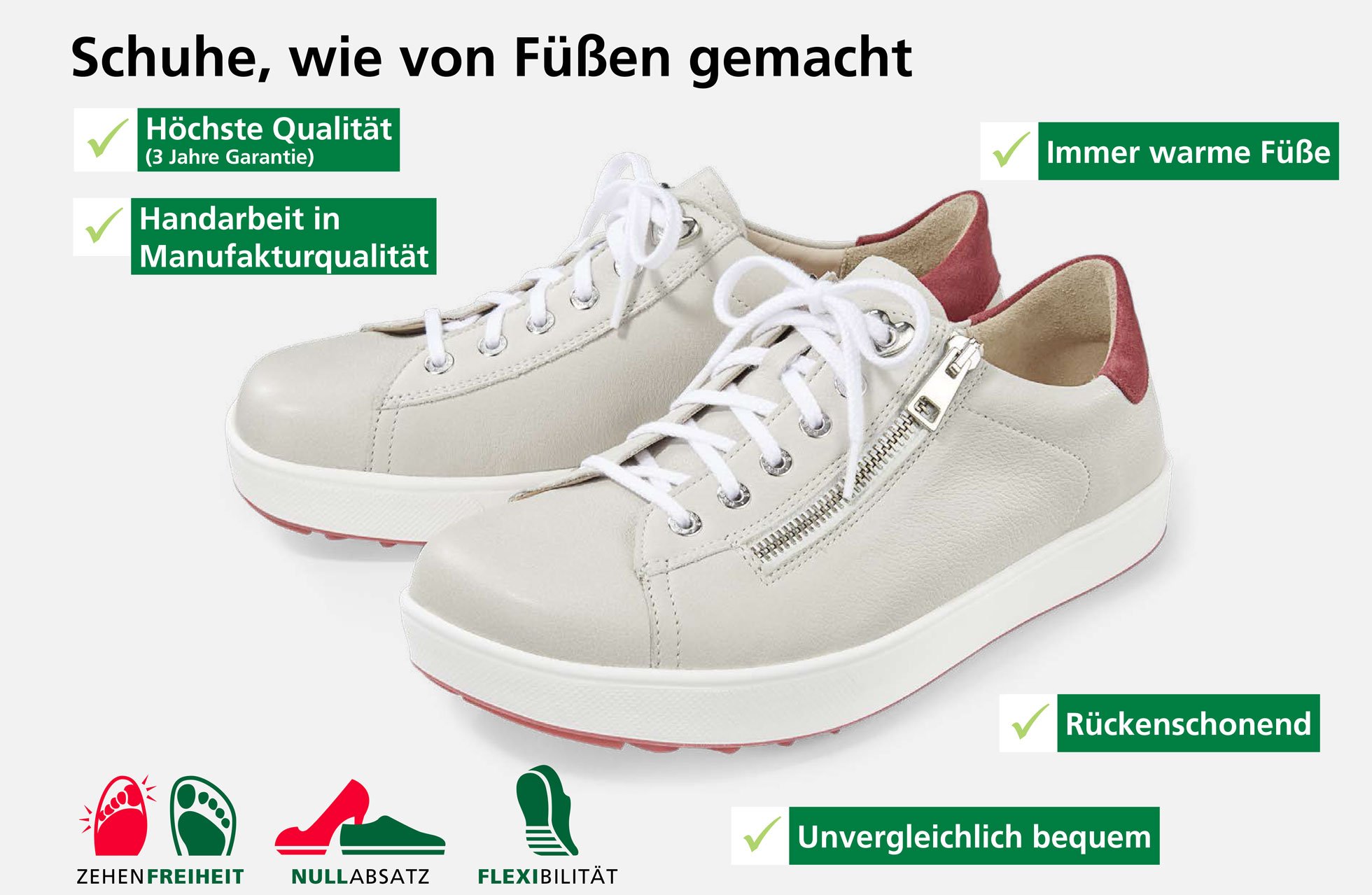 Weiße Schuhe mit praktischen Reißverschlüssen, bieten Zehenfreiheit, Nullabsatz und Flexibilität. Rückenschonend und warm.