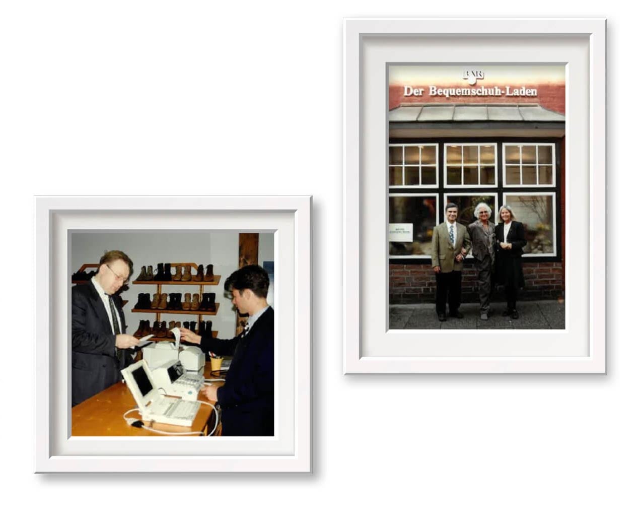 Framed images of a vintage shoe store, with one showing two men at a counter and the other three people in front of the store.