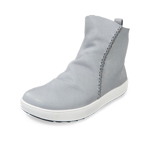 Side view of a women's gray casual ankle boot with a white sole and stitched detailing