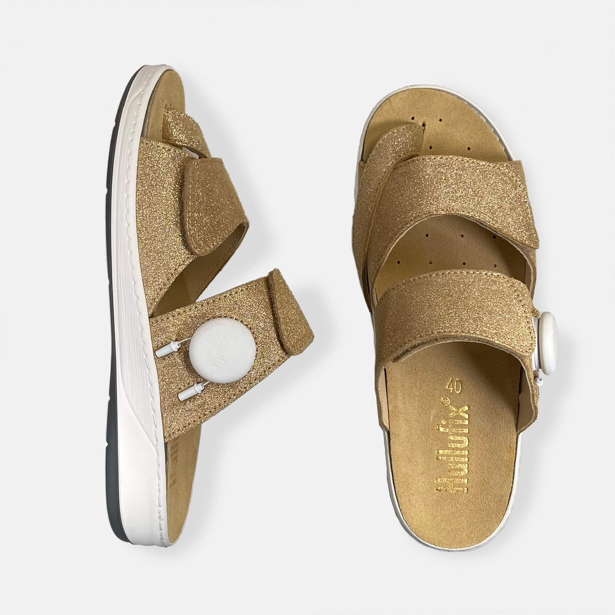 BÄR Schuhe Damenschuhe SunGo mit Hallufix in gold aus Rindveloursleder (Ansicht von oben) BÄR Schuhe Damenschuhe SunGo mit Hallufix gold Rindveloursleder Ansicht von oben