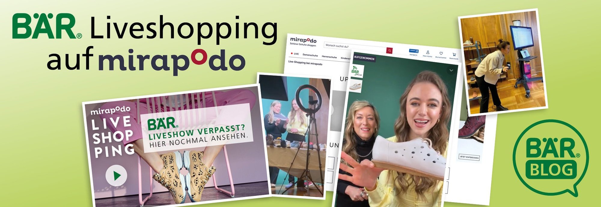 BÄR Liveshopping auf mirapodo – Erleben Sie innovative Produktpräsentationen live Ein Werbebild für BÄR Liveshopping auf mirapodo mit verschiedenen Aufnahmen von der Liveshow