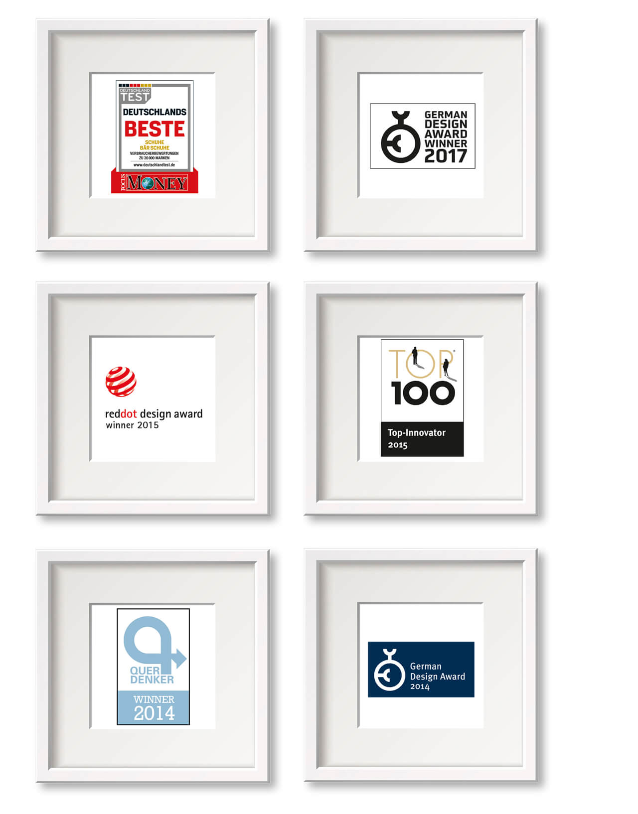 Six framed awards including German Design Award and Red Dot Award