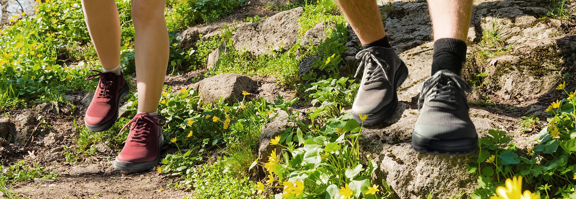 Hiking shoes on rocky trail with wildflowers Close-up of two people wearing hiking shoes walking on a rocky trail surrounded by green plants and yellow wildflowers