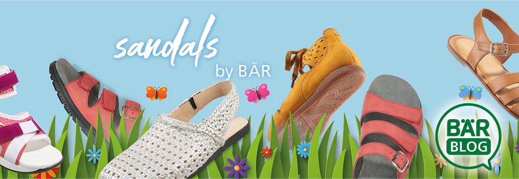 Colorful Sandals by BÄR in a Spring Setting Various colorful BÄR sandals displayed among grass and flowers with butterflies on a blue background.