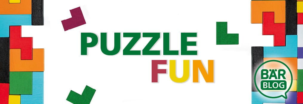 Colorful geometric wooden blocks surrounding 'Puzzle Fun' text and Bär Blog logo