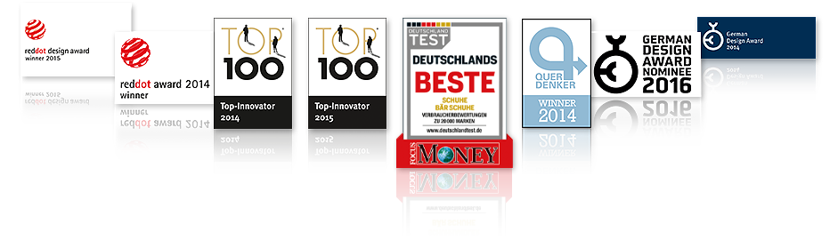 Prestigeträchtige Auszeichnungen für Design und Innovation Eine Sammlung von Auszeichnungen, darunter der Red Dot Design Award und der German Design Award, die Erfolge in Design und Innovation hervorheben.