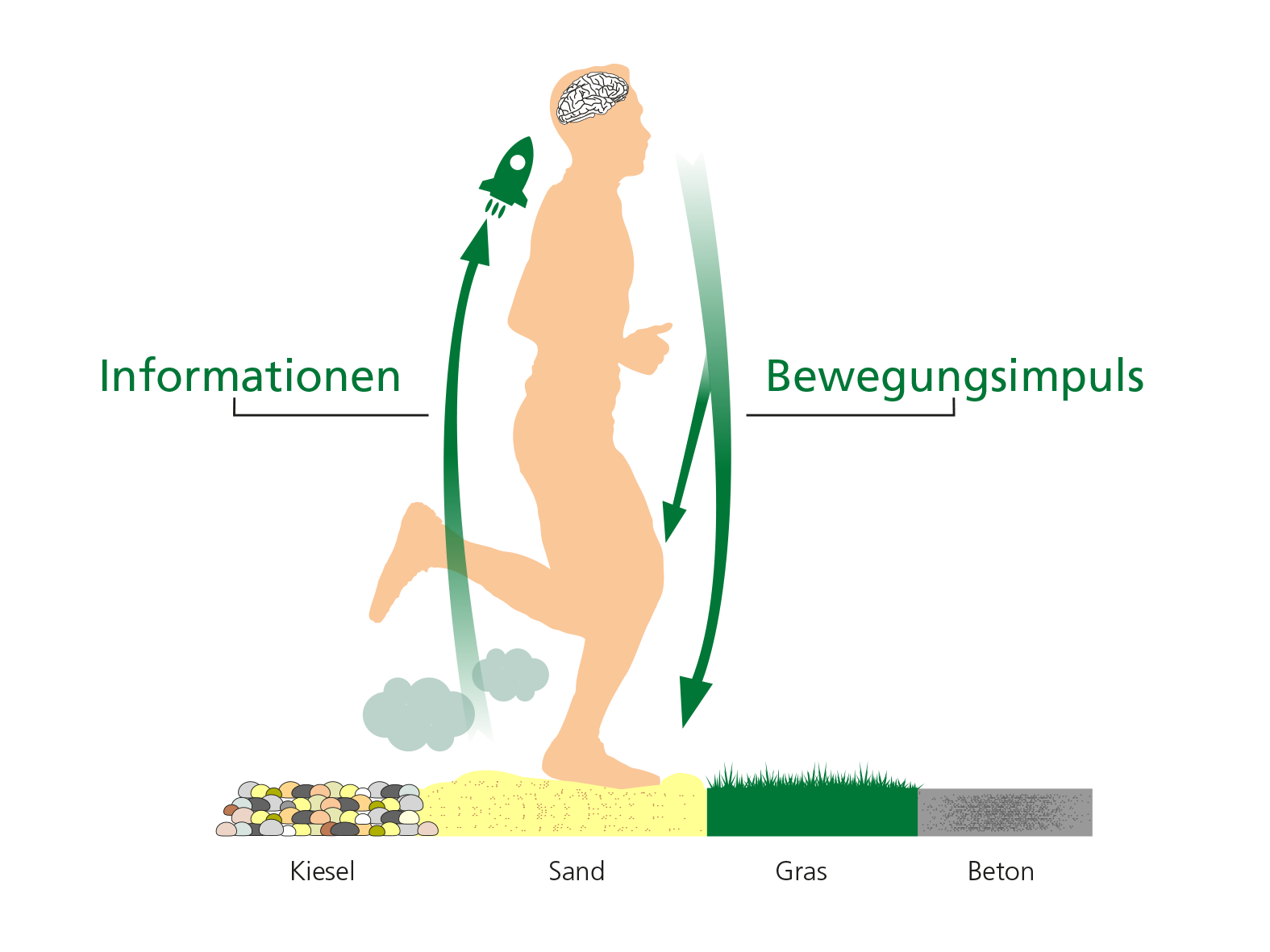 Illustration of human running on different terrains with information and movement impulse flow Diagram showing a person running on pebbles, sand, grass, and concrete, depicting information flow and movement impulse