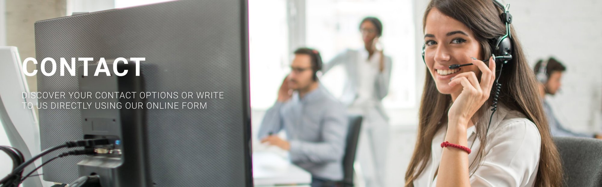 Contact Our Support Team for Assistance Smiling customer service representative wearing a headset in a modern office