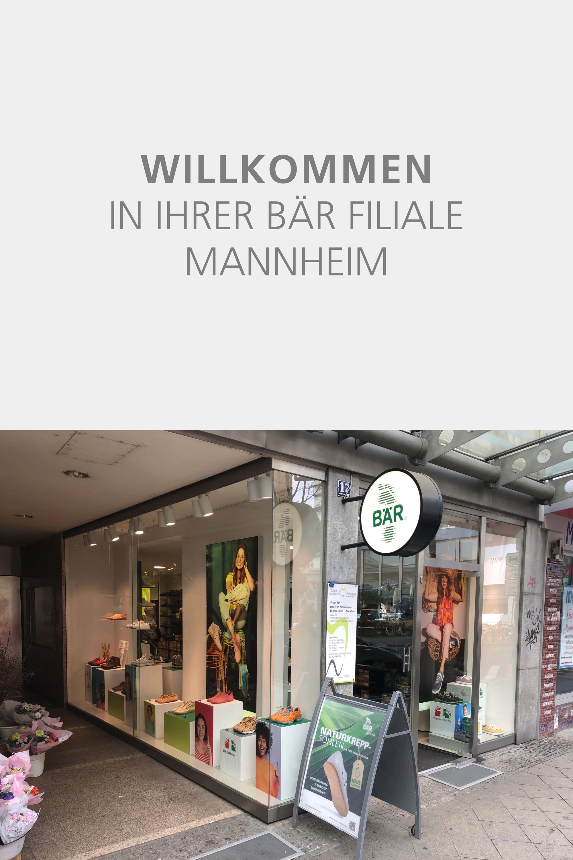 Storefront of BÄR Shoes in Mannheim Exterior view of BÄR shoe store in Mannheim, featuring display windows and entrance.