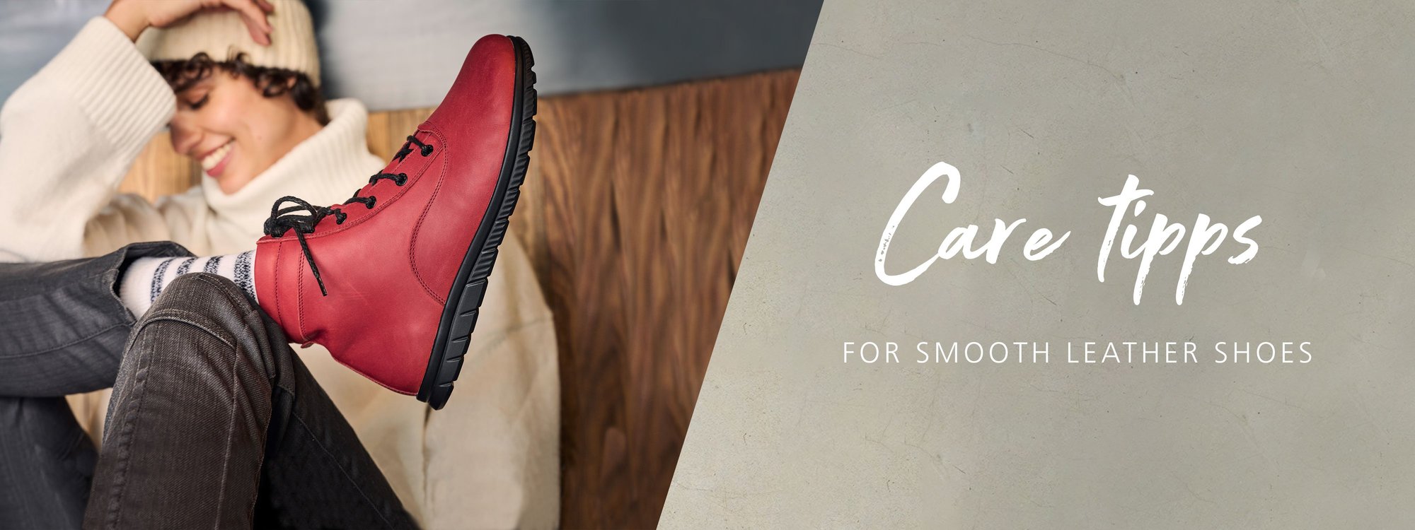 Care Tips for Smooth Leather Shoes - Red Boots and Cozy Outfit Person wearing red leather boots and winter clothing, smiling and relaxed, with care tips for smooth leather shoes text on the image.