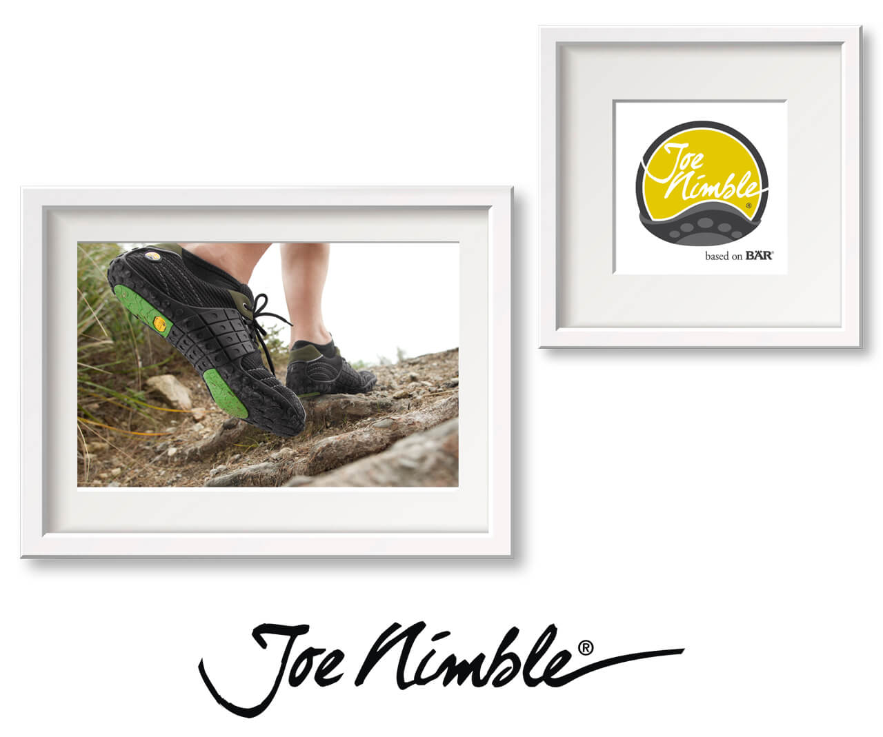 Close-up of Joe Nimble trail running shoes on a rocky path, highlighting the green sole and durable design.