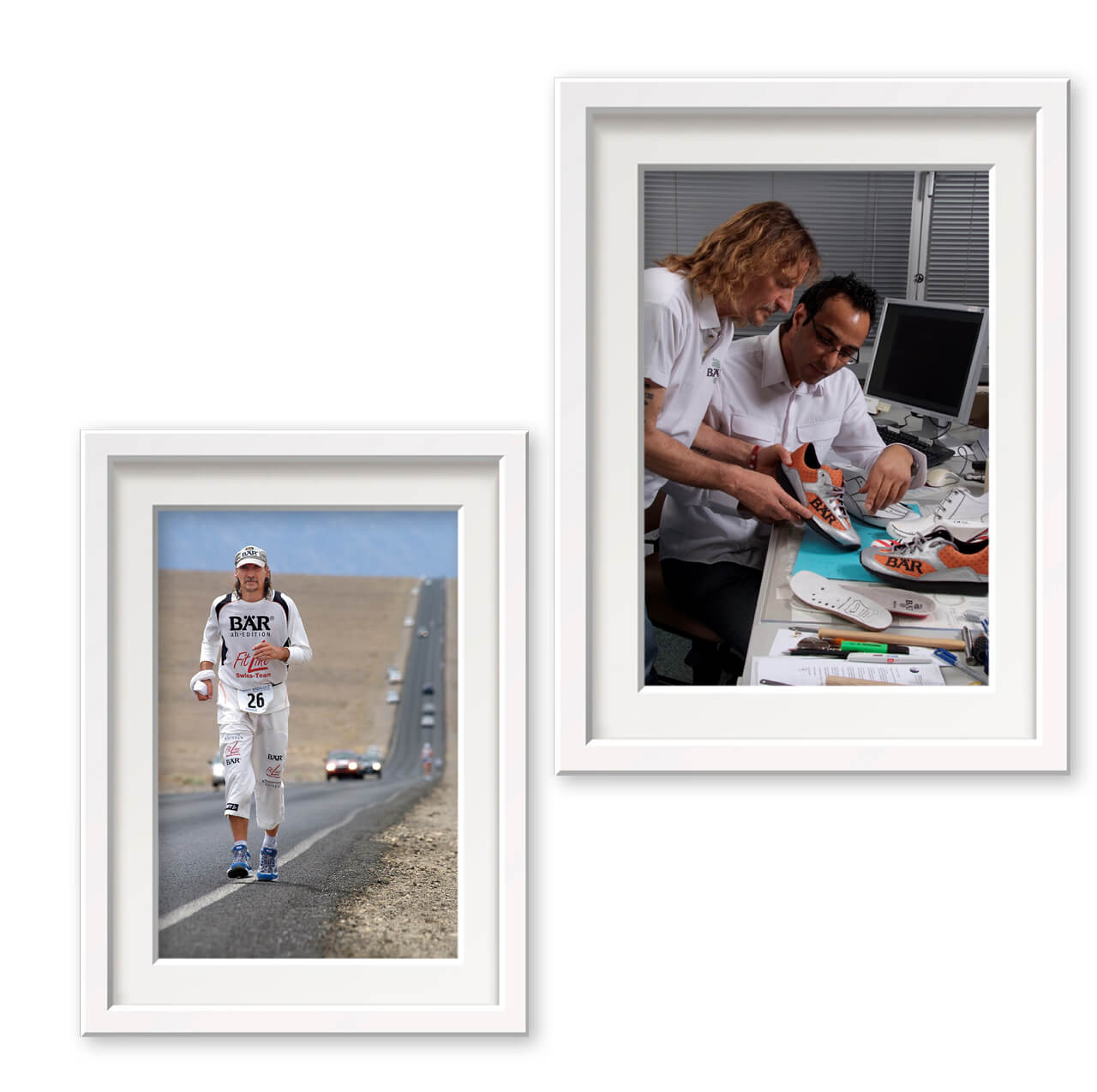 Framed photos showing a runner on a long road and designers at a desk working on custom shoes.