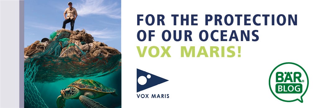 Protect Our Oceans with Vox Maris Image of a person standing on a pile of nets above water with a turtle swimming below, promoting ocean conservation by Vox Maris.
