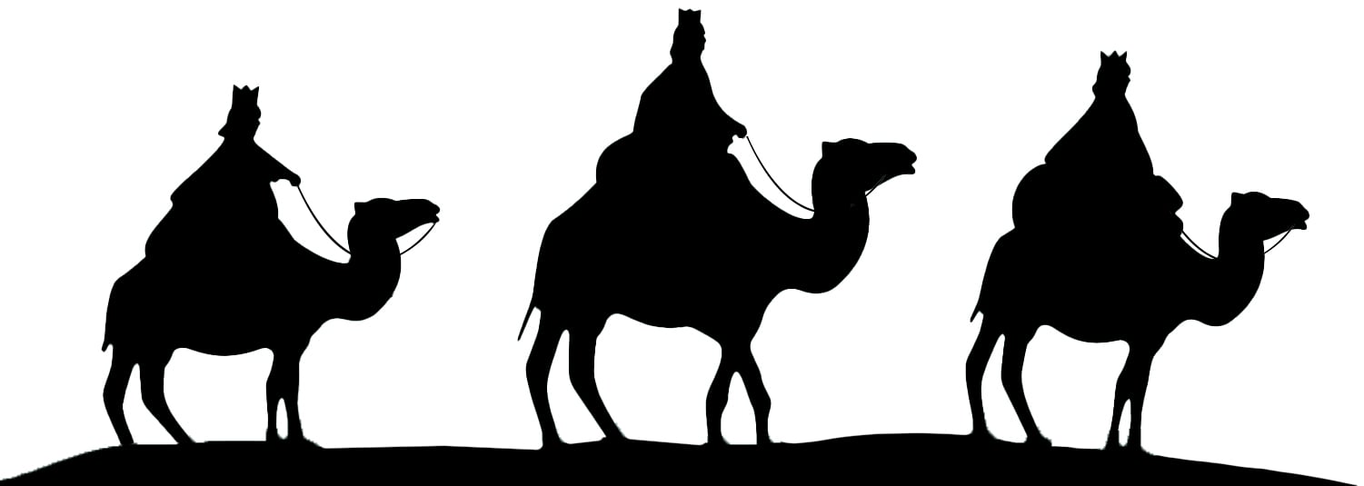 Silhouette der Heiligen Drei Könige auf Kamelen Schwarze Silhouette der drei Weisen aus dem Morgenland, die auf Kamelen reiten