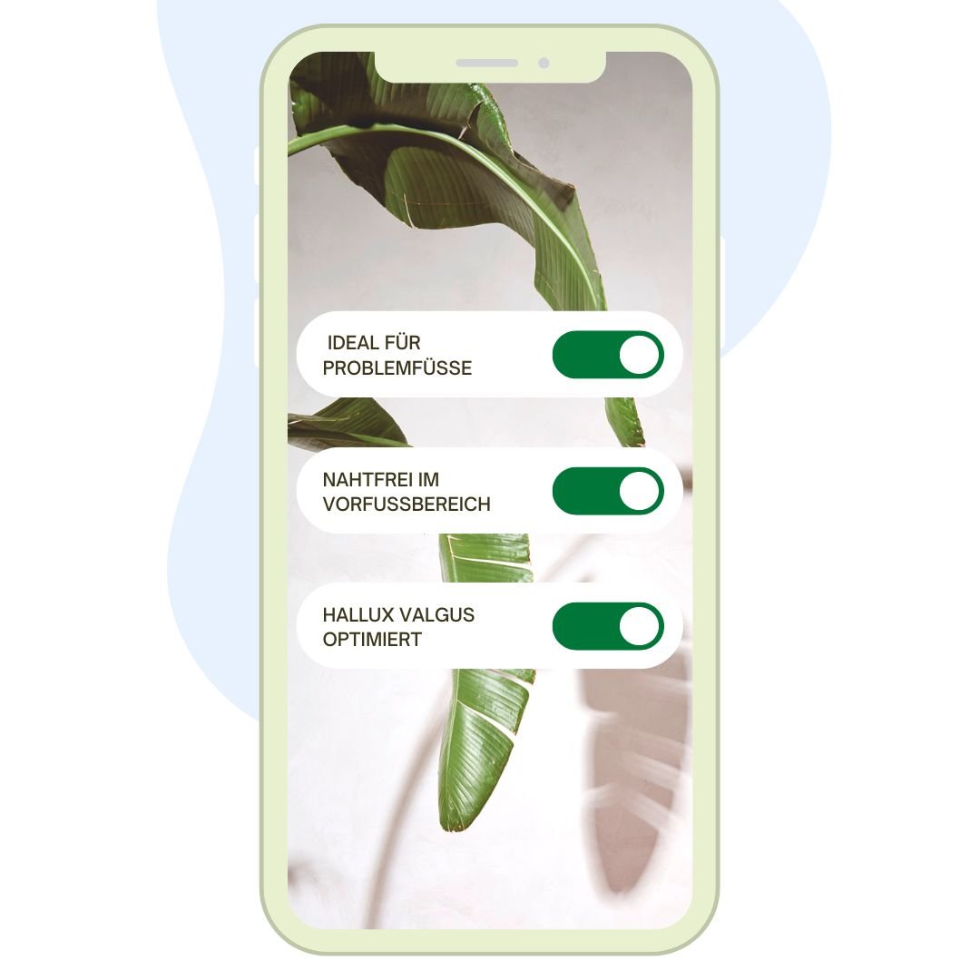 Mobile interface showing settings for ideal footwear for problem feet, seamless forefoot, and hallux valgus optimization Smartphone screen displaying options for shoes suitable for problem feet, seamless in the forefoot, and optimized for hallux valgus