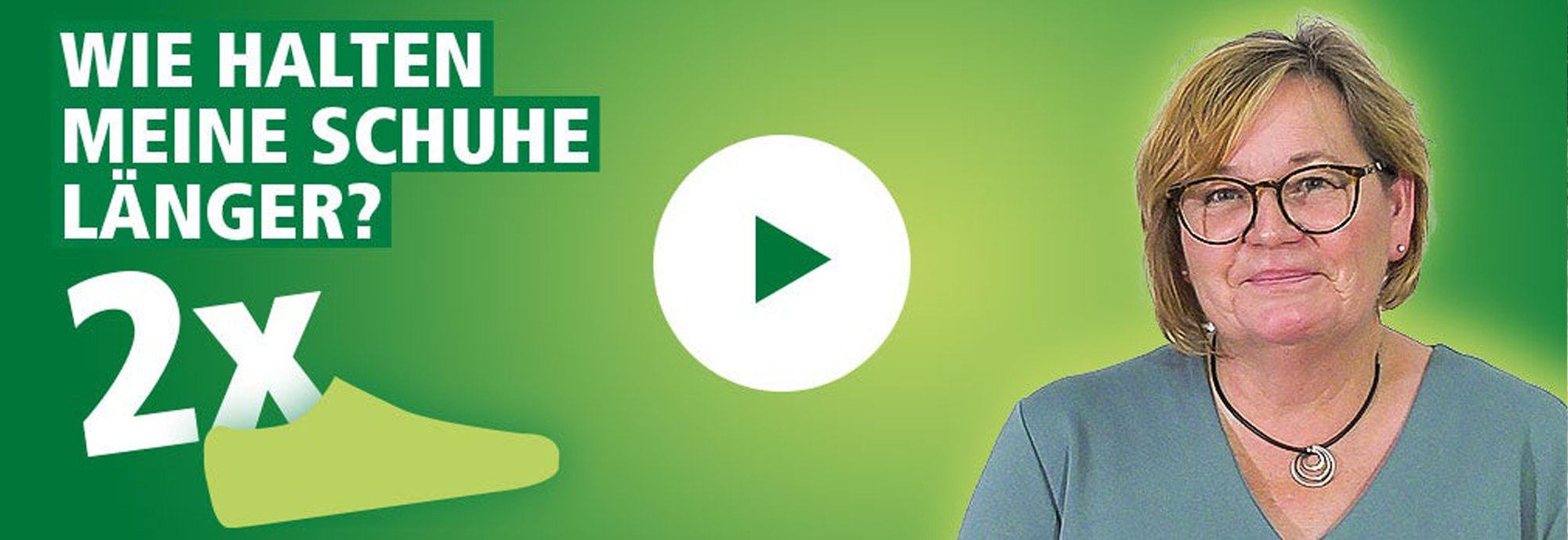 Woman explaining how to make shoes last longer in a video tutorial with a green background.