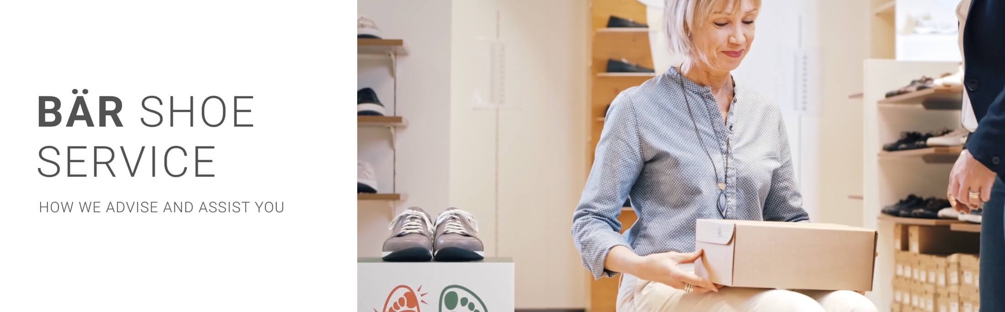 A customer receiving shoe box advice at BÄR Shoe Service with various shoes displayed in the store.