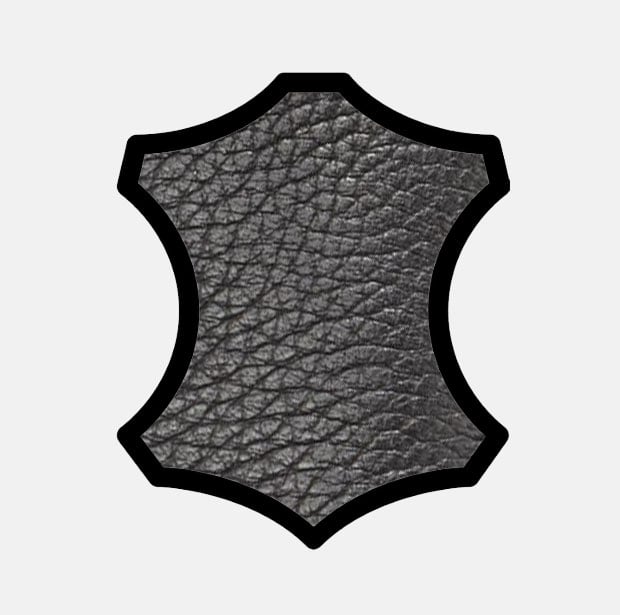 Schwarze Ledertextur in der Form eines typischen Lederschnitt-Icons auf weißem Hintergrund.