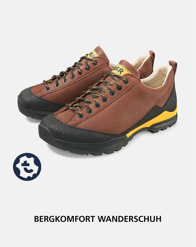 Bergkomfort Wanderschuh aus robustem Material Hochwertige braune Wanderschuhe mit schwarzer Sohle und gelben Details