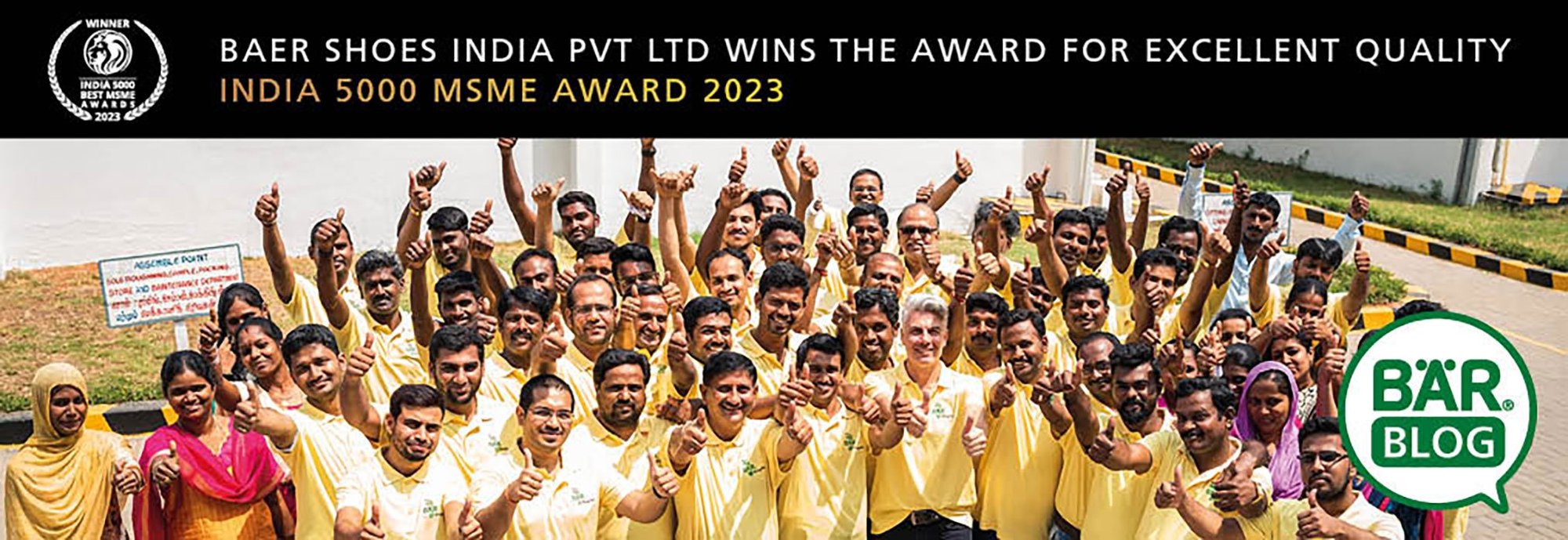 Baer Shoes India wins the India 5000 MSME Award 2023 for excellent quality Group of Baer Shoes India employees celebrating the India 5000 MSME Award 2023 victory