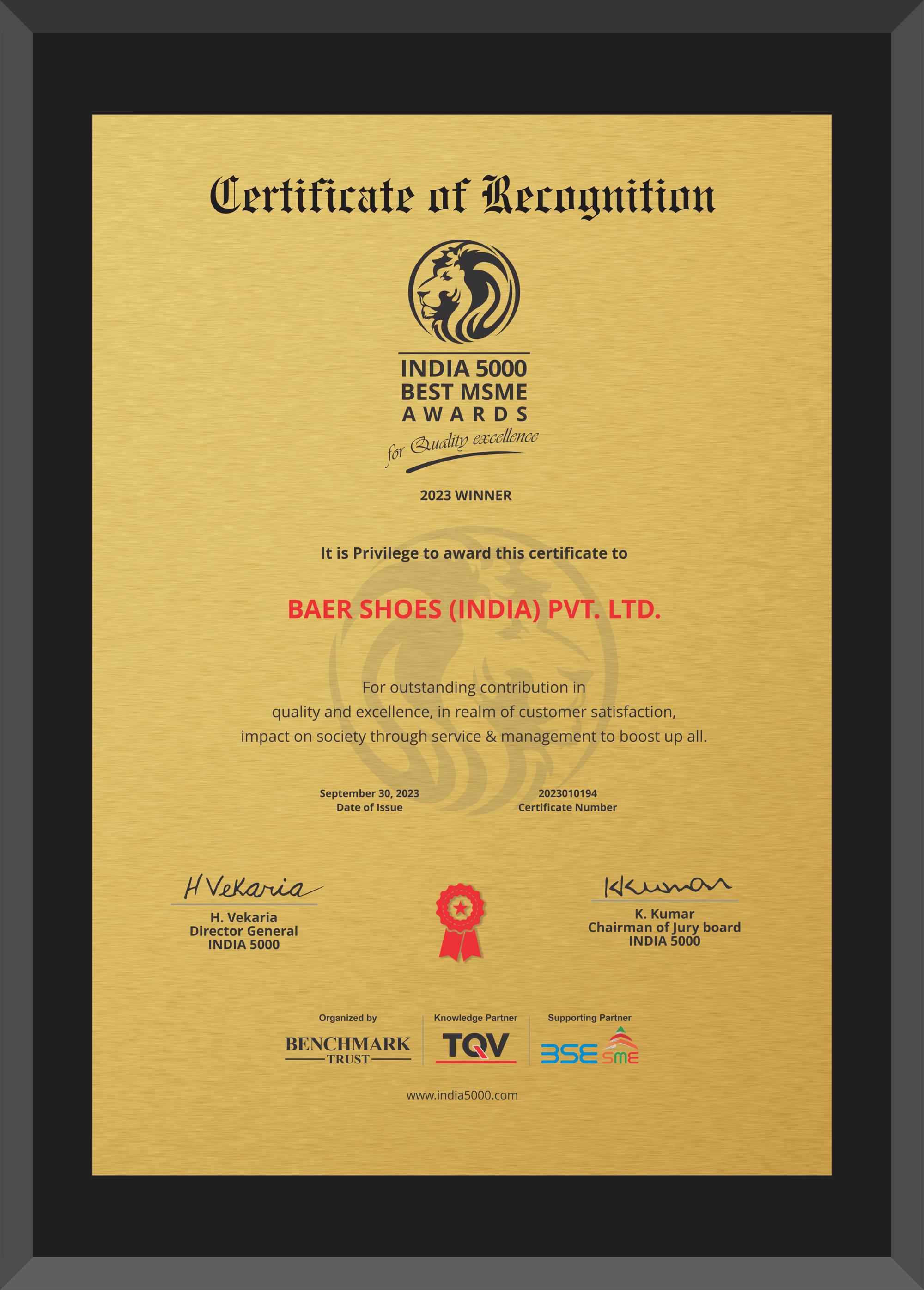 Zertifikat für BAER SHOES (INDIA) PVT. LTD. – INDIA 5000 Best MSME Awards 2023 Gewinner Zertifikat der INDIA 5000 Best MSME Awards 2023, verliehen an BAER SHOES (INDIA) PVT. LTD. für herausragende Beiträge zu Qualität und Kundenzufriedenheit.