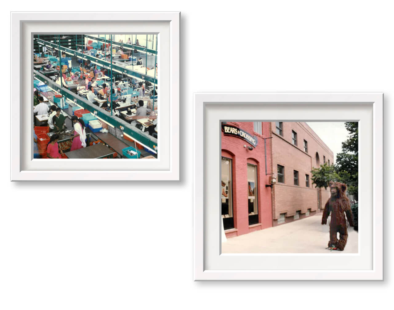 A collage of two framed images: one shows a bustling factory floor with workers, and the other depicts a bear standing outside a brick building with a 'Bears Crossing Co' sign.