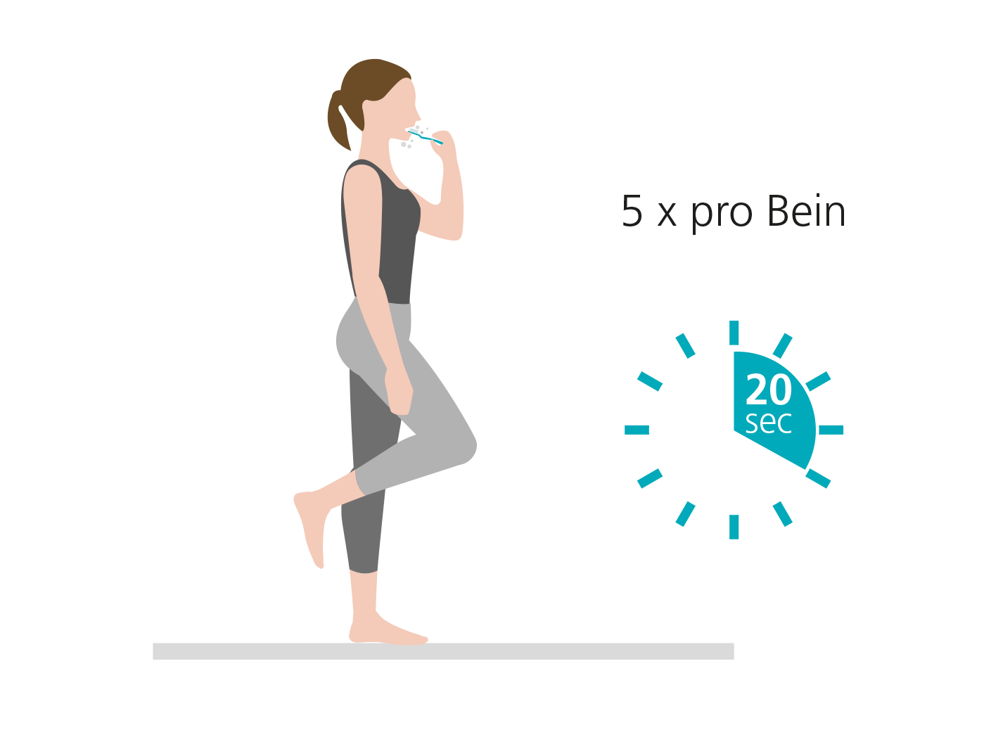 Illustration einer Frau beim Gleichgewichtstraining - 20 Sekunden pro Bein, 5 Wiederholungen Grafik einer Frau, die auf einem Bein steht und eine Zahnbürste benutzt. Zeitmessung 20 Sekunden, 5 mal pro Bein.