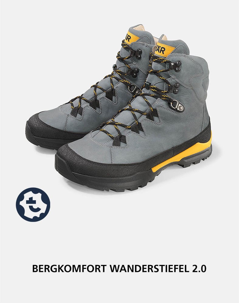 Robuste Bergkomfort Wanderstiefel 2.0 für anspruchsvolle Touren Bergkomfort Wanderstiefel 2.0 in Grau mit gelben Details, ideal für Wanderungen