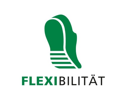 Flexibilität Konzept Logo in Grün Illustration eines grünen Schuhabdrucks mit dem Wort Flexibilität darunter
