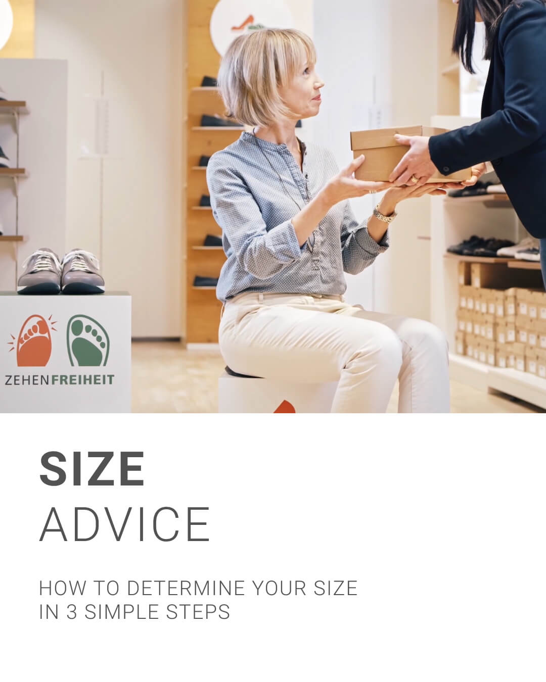 Footwear Size Advice - Determine Your Size in 3 Simple Steps A woman receiving shoe size advice in a store, highlighting three simple steps to determine the right shoe size.